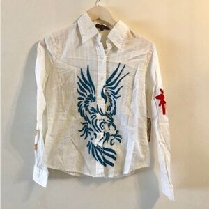 Raw 7 Long Sleeve Blue Embroidered Shirt